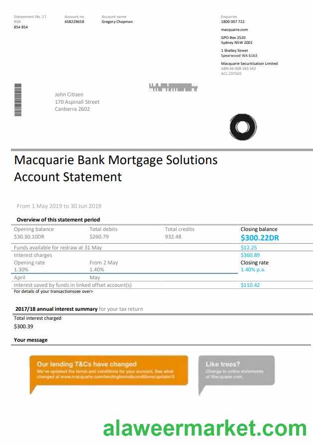 Australia Macquaire proof of address bank statement template in Word and PDF format (.doc and .pdf)